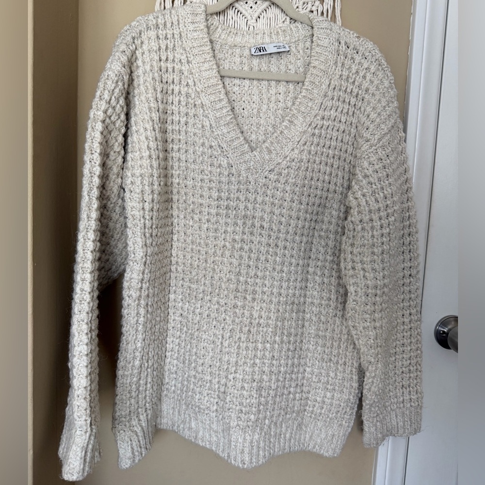 Zara Women's Oversized V-Neck Sweater in Cream.